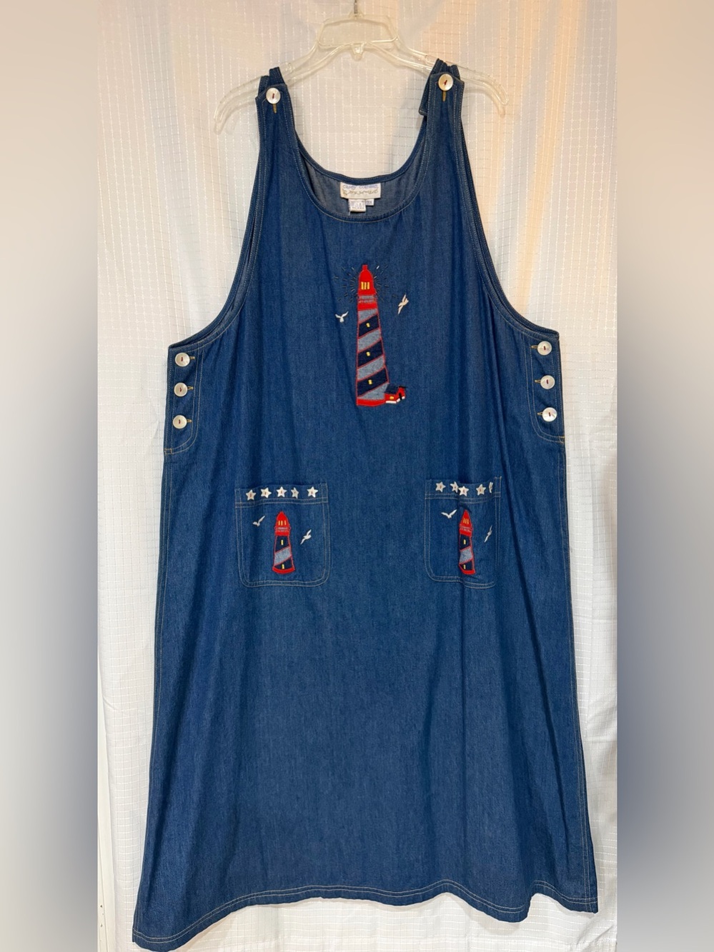 Vintage 90s Casey Coleman Embroidered Lighthouse Denim Jumper Dress NWT 3X